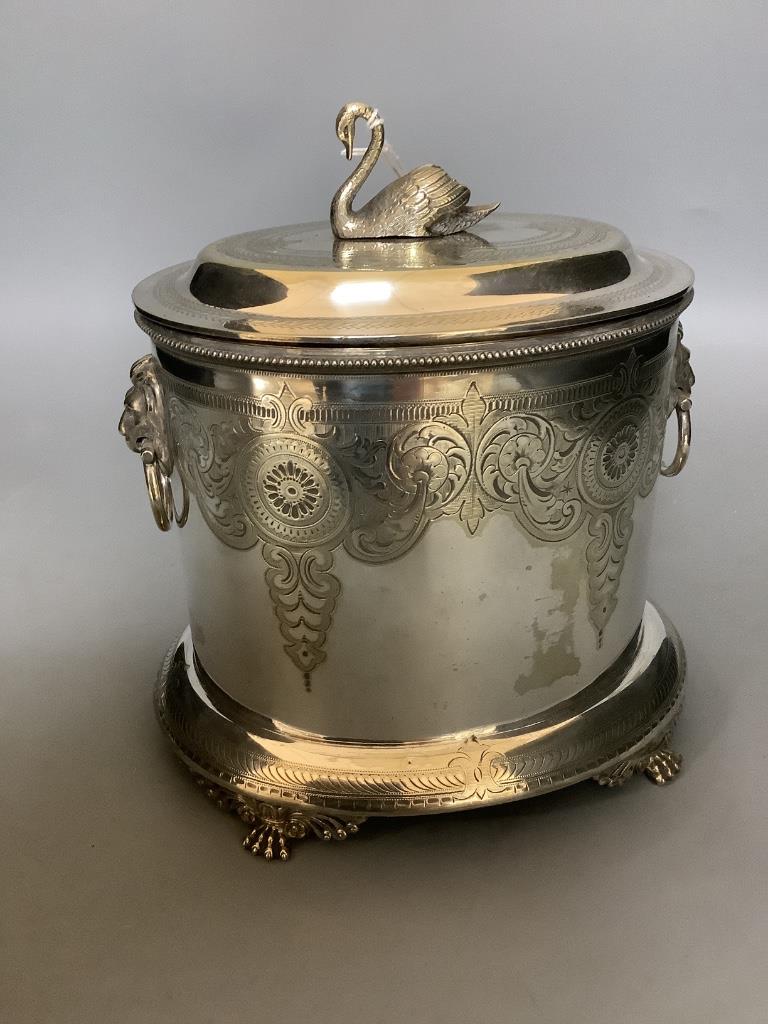 A Mappin Brothers engraved plated oval biscuit barrel with swan finial and a quantity of plated flatware, cased and loose, condiment sets and sundries